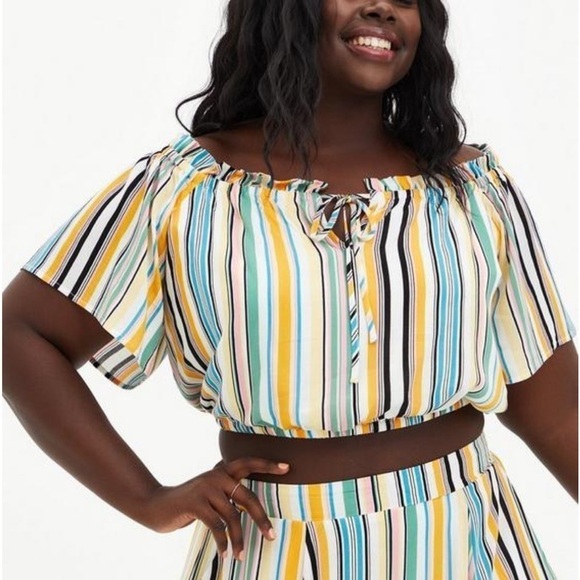 Torrid Multi Stripe Off-Shoulder cropped Gauze Top size large crop top - Picture 2 of 10